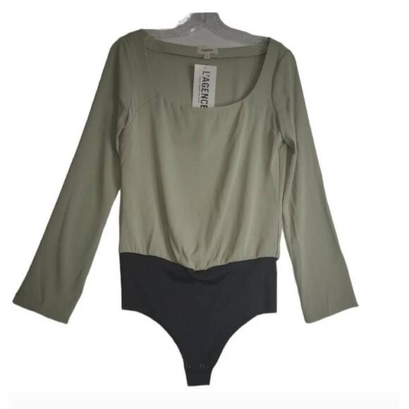 NWT L'Agence Angel Bodysuit Light Green Black Square Neck Petite Small - Picture 2 of 9
